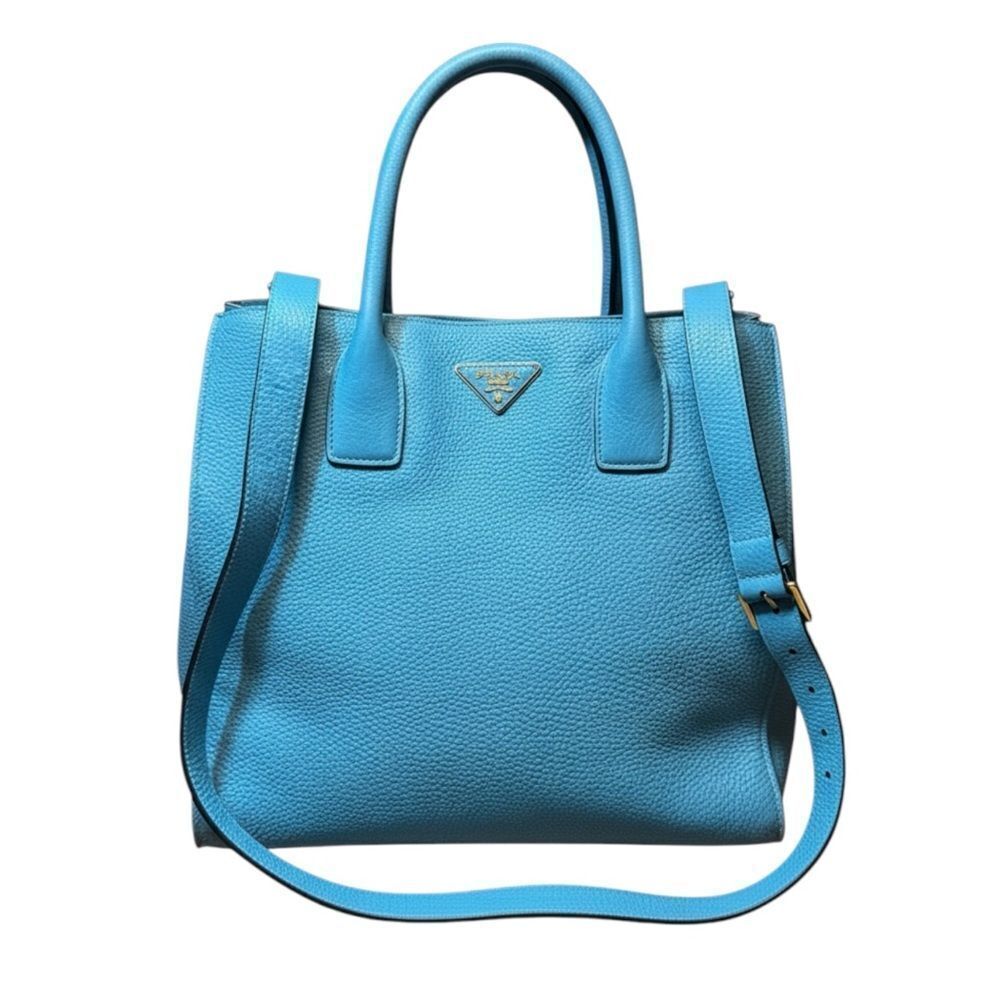 PRADA Blue Vitello Daino Pebbled Leather 2way Shopping Tote Satchel Auth